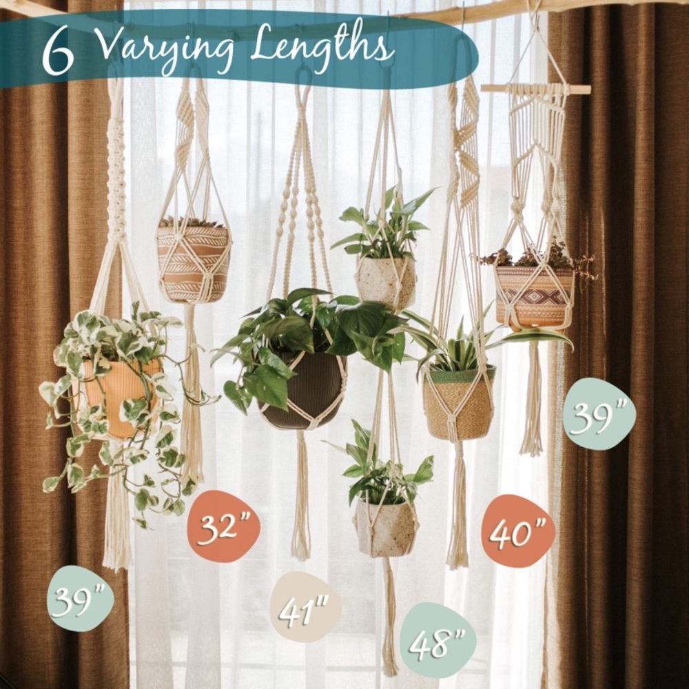 Set 6 Macrame Plant Hangers Boho-Chic Cotton Rope - Picture 2 of 6